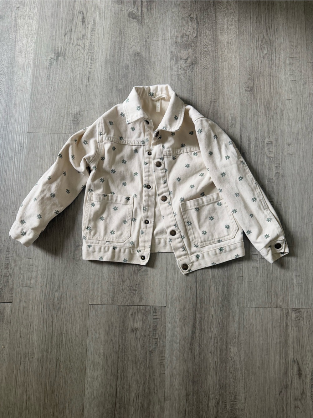 Rylee + Cru Cream Denim Jacket with Green Floral Motif